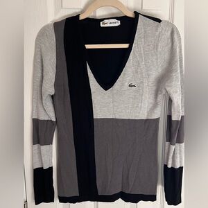 Lacoste Black and Gray Colorblock V-Neck Sweater, size Large (Small)